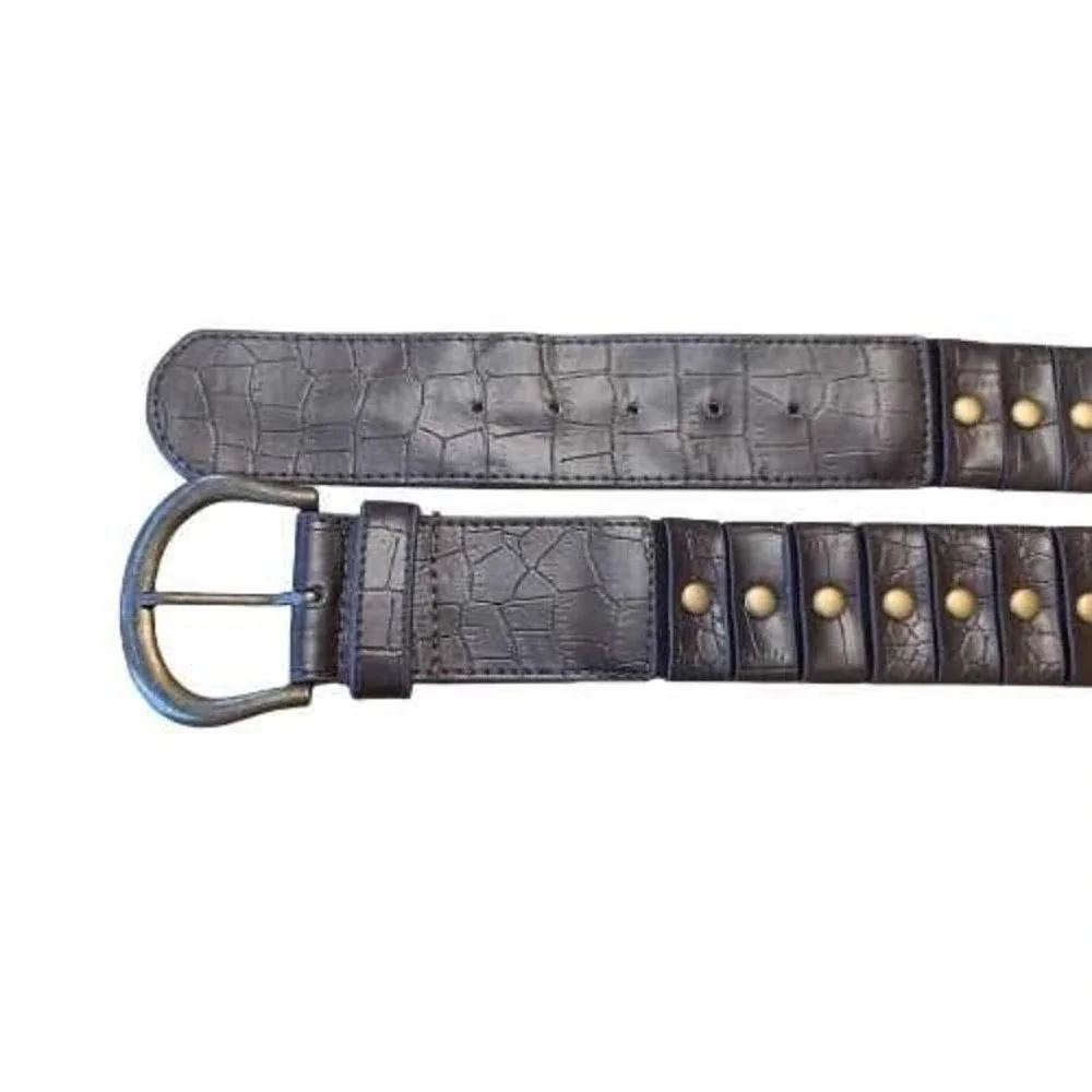 Chinese Laundry L‎ Belt Brown Faux Croc Embossed Studded Gold Buckle Stretch